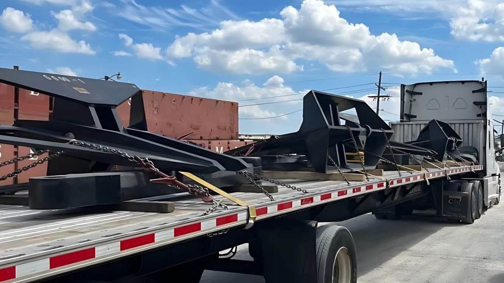 Ship anchors loaded on a flatbed trailer for marine equipment transport from Seattle