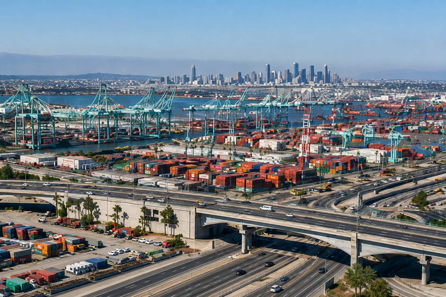 Aerial view of Los Angeles port, highways, and freight routes for heavy haul transportation