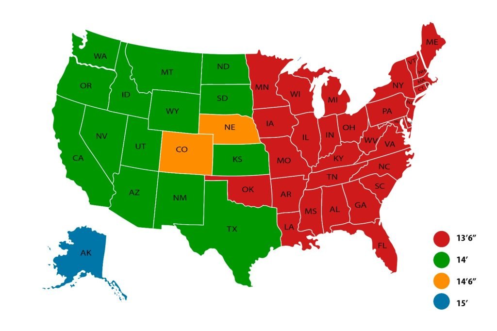 Trucking legal height limits map showing state-by-state clearance limits
