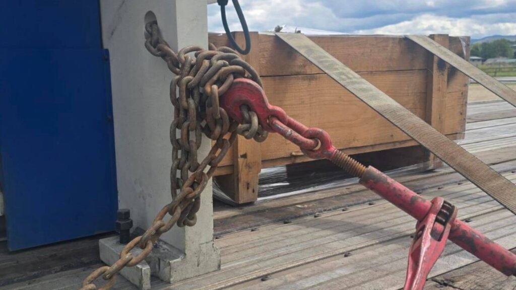 How to secure a press brake for transport: chain and binder securement detail How to secure a press brake for transport: chain and binder securement detail
