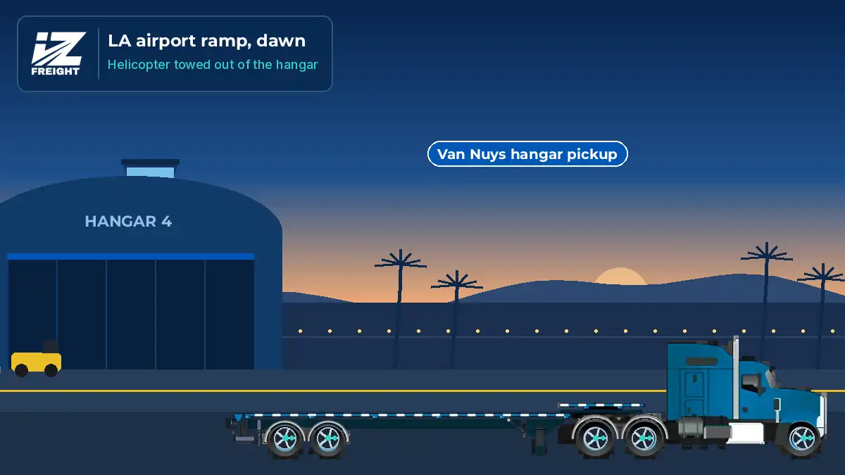 Animated illustration: at an Los Angeles airport ramp at dawn a red and white light helicopter is towed from a hangar, lifted by crane onto cribbing on a step deck and strapped at the skids, then the truck drives an Los Angeles freeway and a map shows hangar to hangar routes from Los Angeles airports to the USA, Canada and Mexico