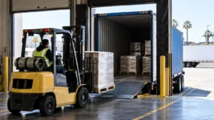 Forklift operator loading a shrink-wrapped pallet into a shipping container at a loading dock