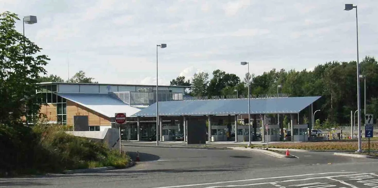 Blaine Pacific Highway port of entry inspection booths in Washington at the British Columbia border