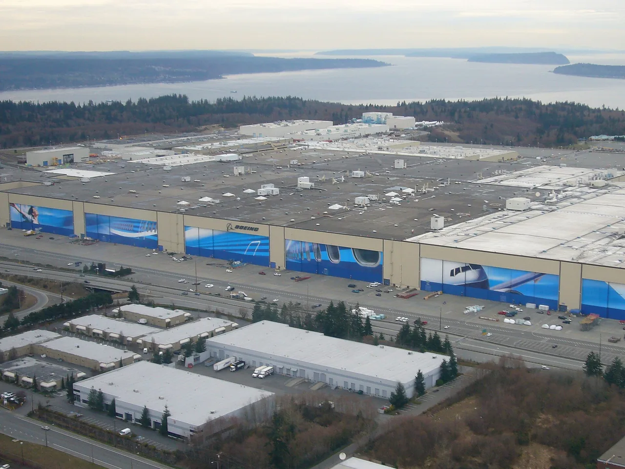 Aerial view of the Boeing Everett factory in Everett, Washington