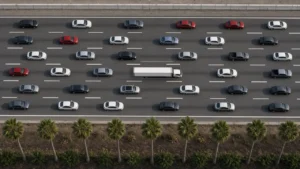 Top-down aerial view of a white box truck centered in its lane among cars on a busy Los Angeles freeway lined with palm trees