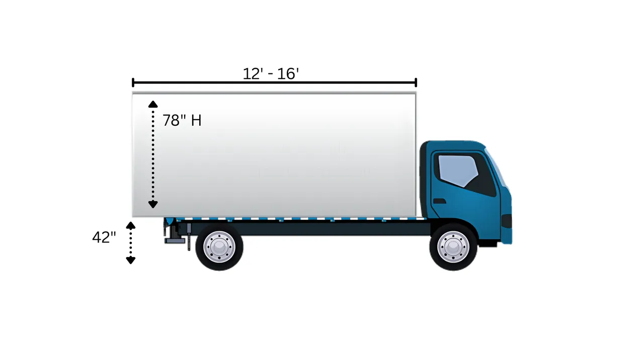 Blue box truck diagram showing a 12 to 16 foot cargo box with 78 inches of inside height and a 42 inch floor height