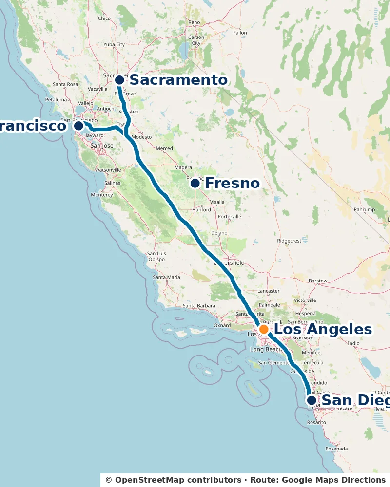 Lane map of California freight routes from Los Angeles to San Diego, Fresno, Sacramento and San Francisco