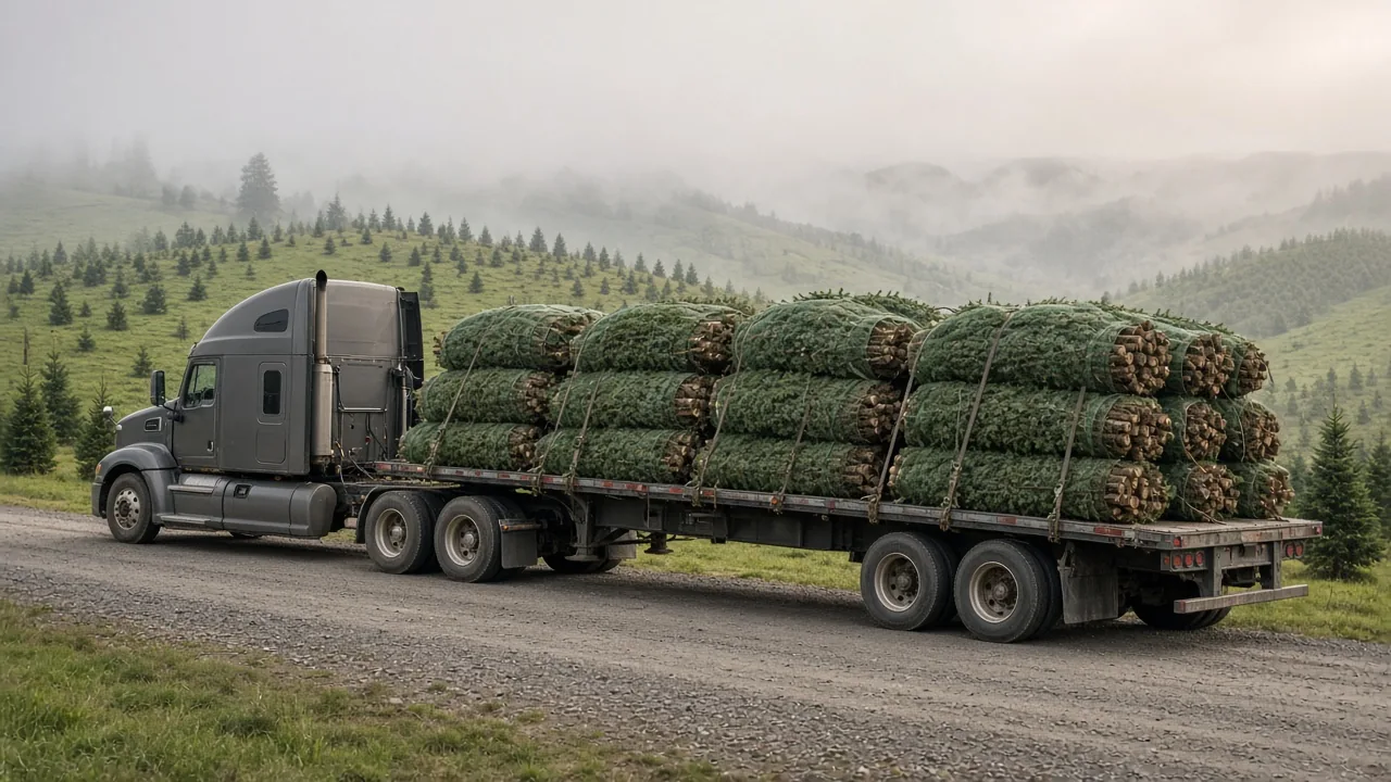 Semi truck with a flatbed of netted fresh-cut fir Christmas trees on a gravel road at an Oregon hillside tree farm
