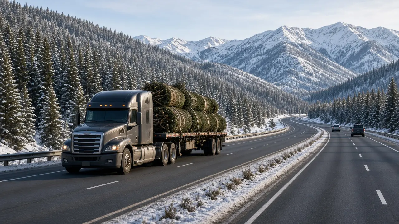Semi truck with a flatbed of bundled Christmas trees on a snowy mountain interstate