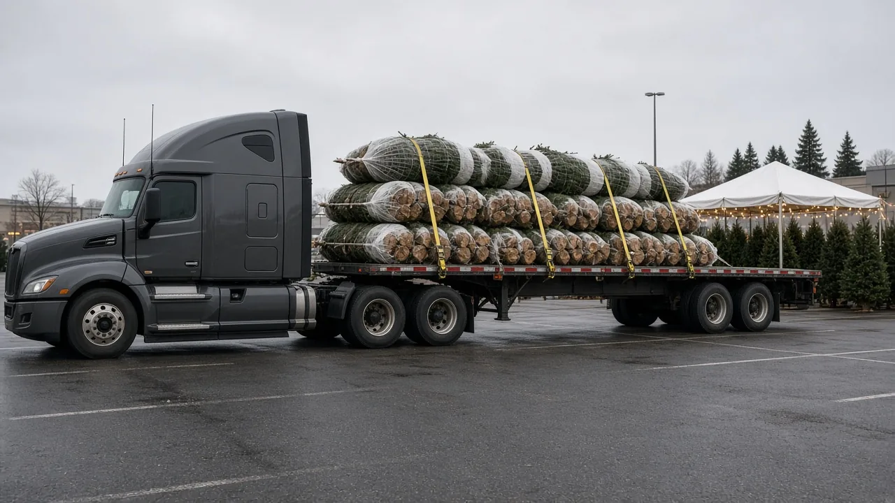 Flatbed loaded with netted Christmas trees, butts out and strapped, parked beside a mall parking lot tree lot