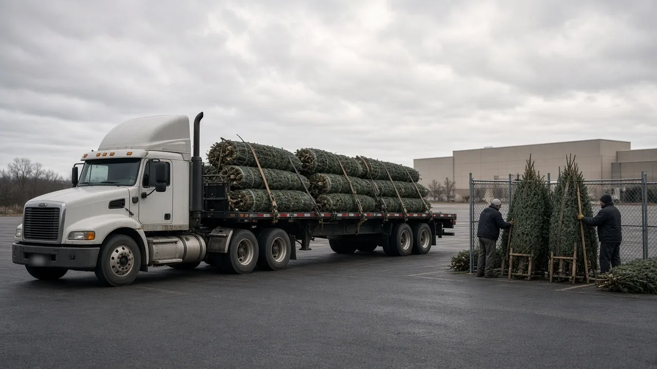 Workers unloading netted fir trees from a flatbed into a fenced seasonal lot in a large retail parking lot
