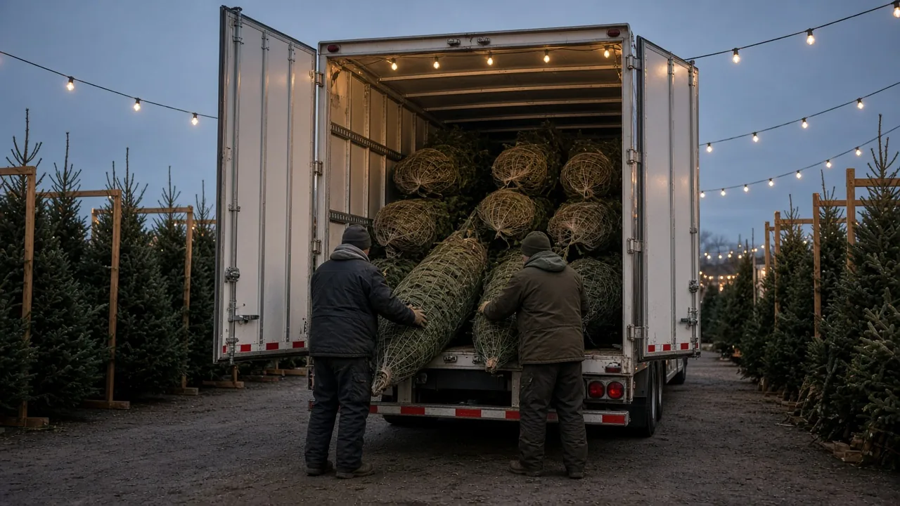 Two workers unloading netted Christmas trees from the open doors of a dry van at a lit tree lot at dusk
