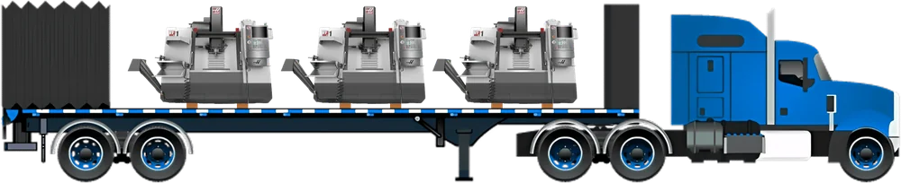 Illustration of a blue flatbed truck hauling three CNC machines