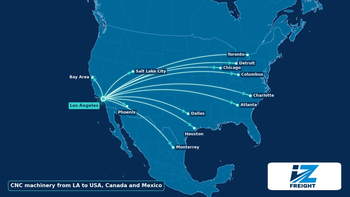 CNC Machinery Transport Coverage Map From Los Angeles Map of CNC machinery transport routes from Los Angeles to the Bay Area, Phoenix, Salt Lake City, Dallas, Houston, Chicago, Detroit, Columbus, Atlanta, Charlotte, Toronto and Monterrey