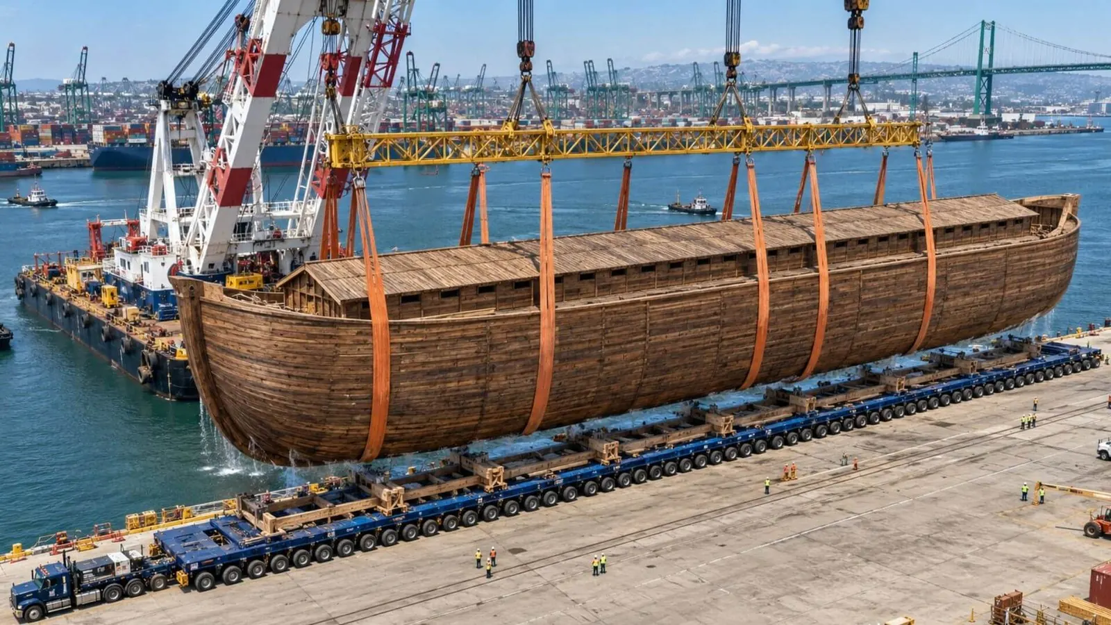 Noah's Ark being loaded on a 50 axle flatbed trailer graphic for IZ Freight