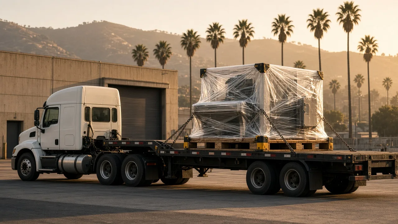 EDM machine transport Shrink wrapped EDM machine on a flatbed