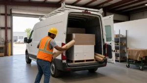 Illustration: worker in a hard hat carrying a cardboard tube to a sprinter van loaded with a shrink wrapped pallet