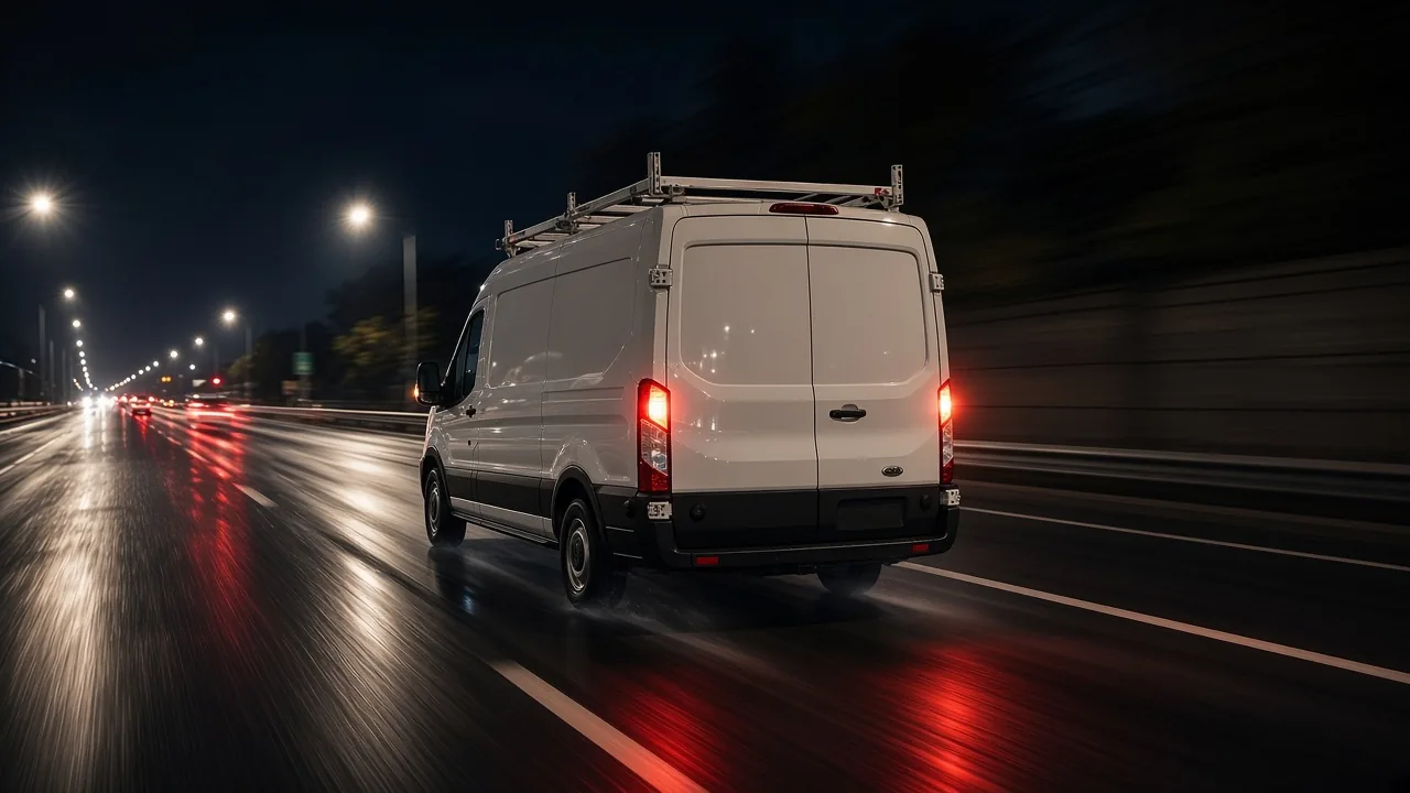 Illustration: white cargo van with taillights glowing driving fast on a wet, lit interstate at night
