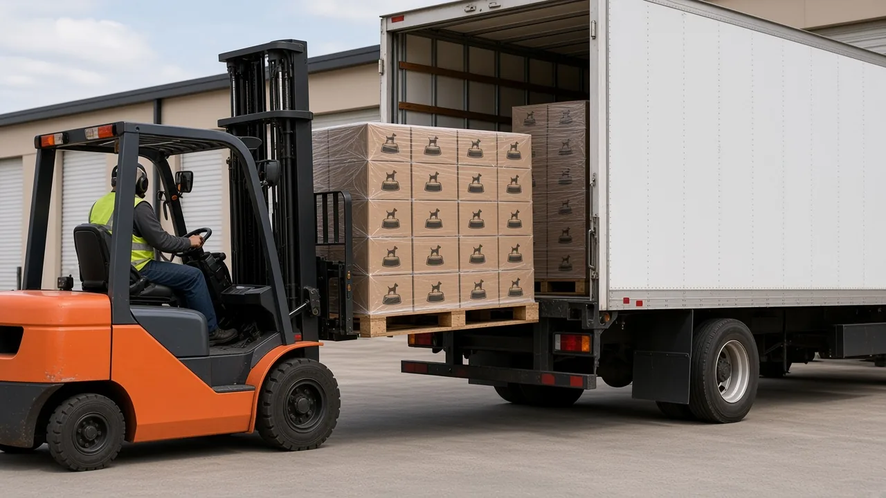 Orange forklift loading a shrink-wrapped pallet of dog food boxes into a white box truck