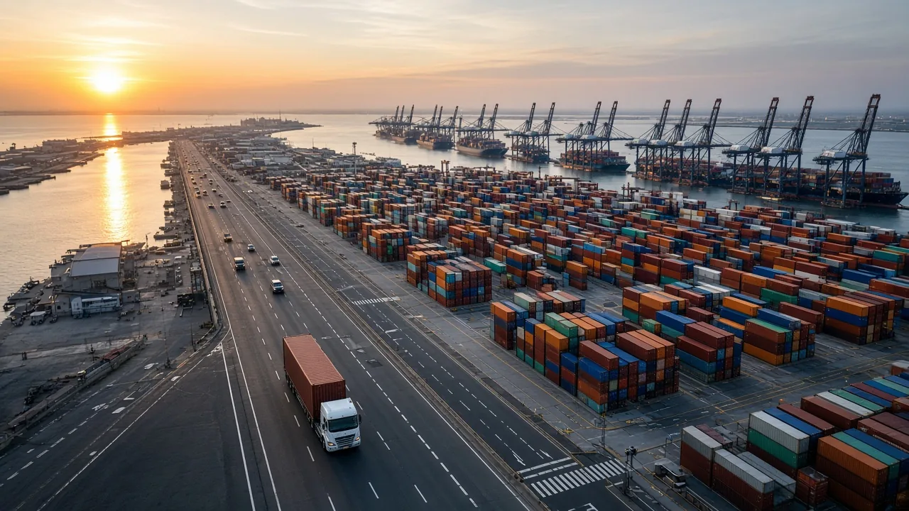 Container port aerial at sunset Aerial of a busy container port at sunset with cranes, stacked containers and a truck pulling a container