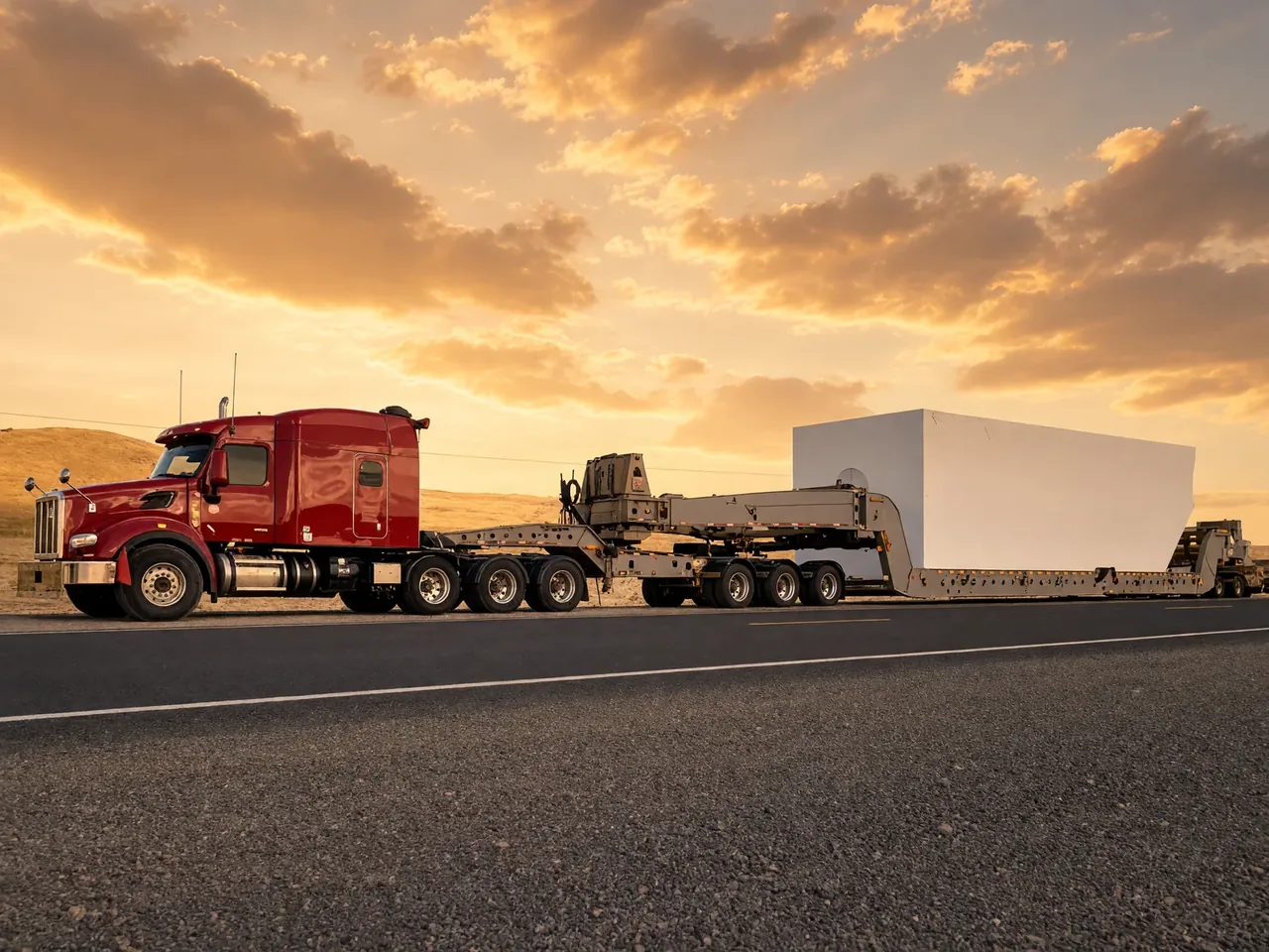 Data Center Module on a Lowboy Data center module on a multi axle lowboy trailer for data center freight logistics from Los Angeles