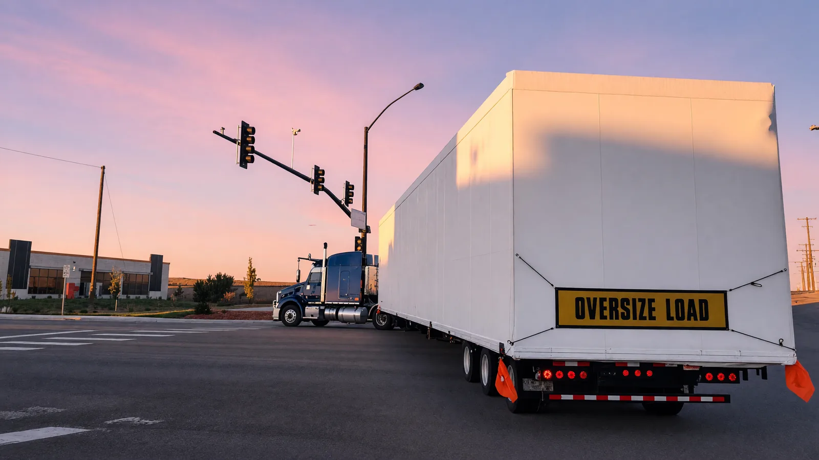 How to Ship a Wide Load Modular Building Through Los Angeles White modular building with an oversize load banner turning through an intersection at dusk