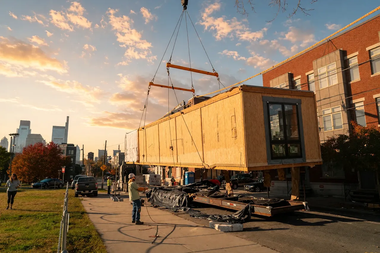 How to Ship and Set a Wood Modular Unit on a City Street in Los Angeles Crane lifting a wood sided modular unit over a city street at golden hour