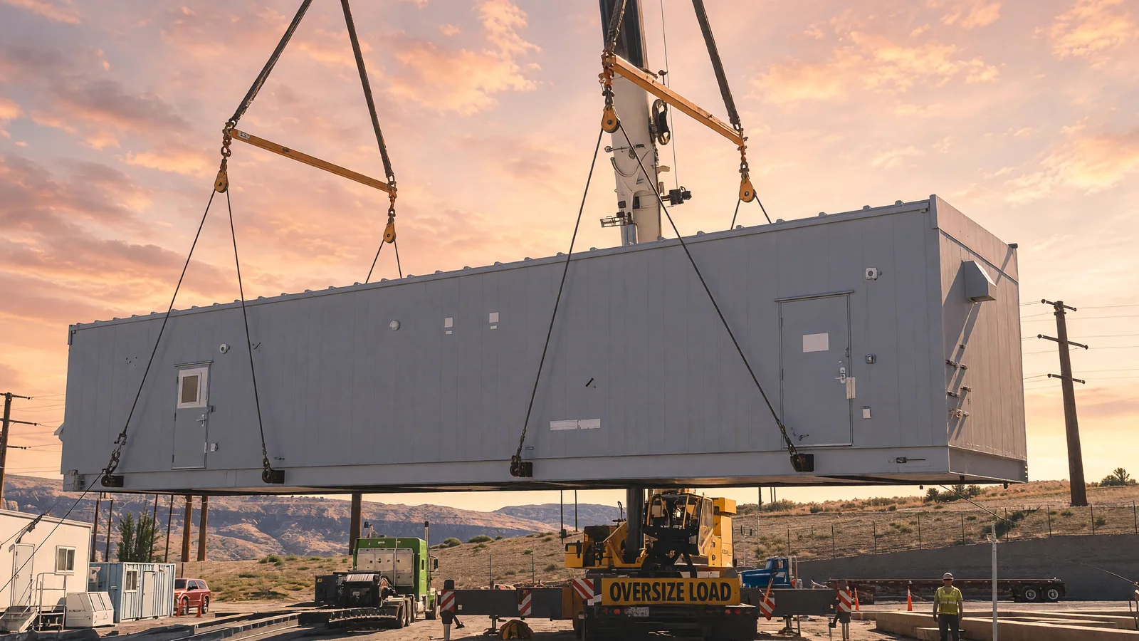 How to Ship Data Center Power Modules in Los Angeles How to ship a data center power module from Los Angeles lifted by crane at sunset