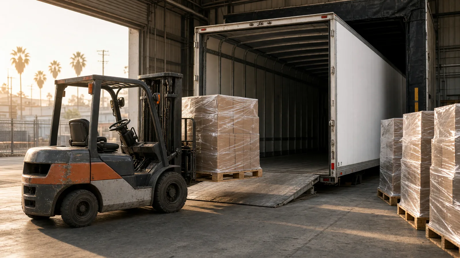 Forklift loading a shrink wrapped pallet into a white dry van at a Los Angeles dock