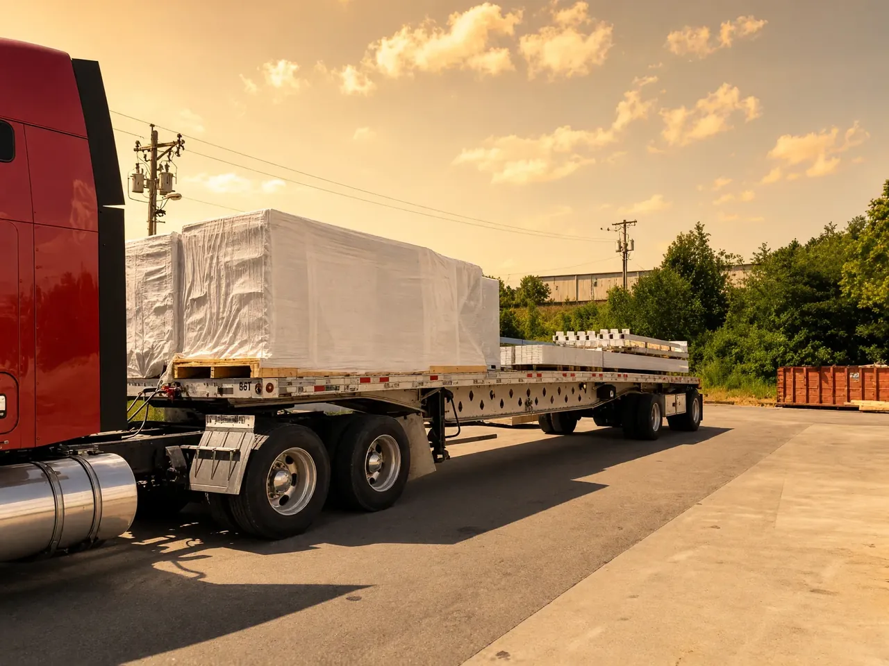 How to Ship Modular Building Sections on a Stretch Flatbed in Los Angeles Red semi truck pulling white wrapped modular sections on a stretch flatbed at golden hour