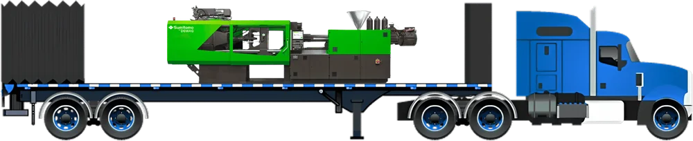 IZ Freight flatbed truck hauling an injection molding machine