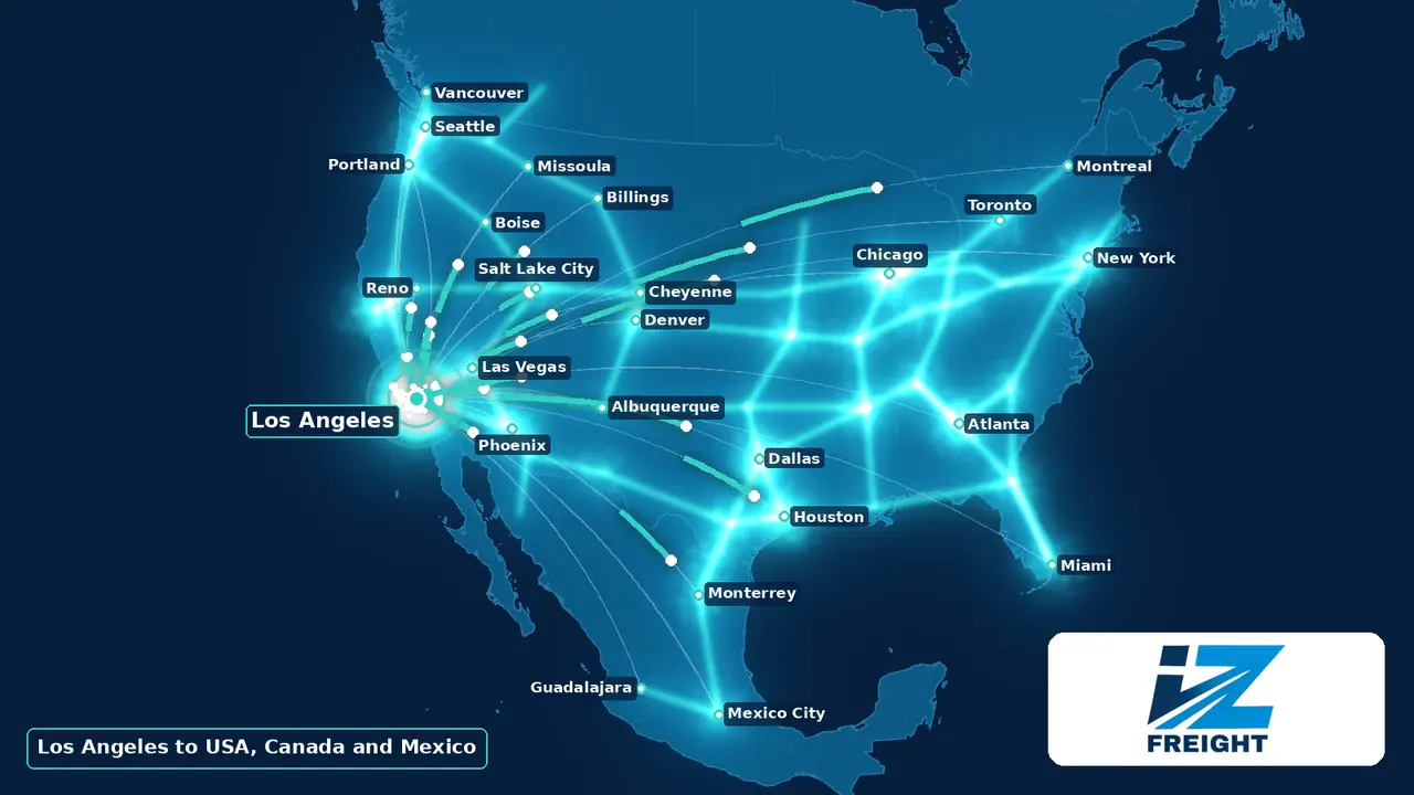 IZ Freight carrier network heat map Animated heat map of injection molding machine transport lanes, with the busiest freight corridors glowing from Los Angeles across the USA, Canada and Mexico