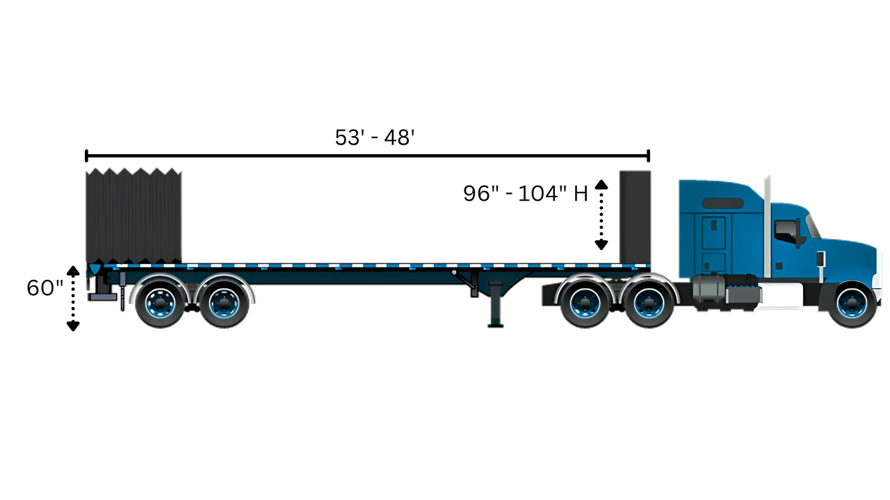 Conestoga trailer diagram: 48 to 53 ft deck with rolling tarp, about 96 to 104 in inside height
