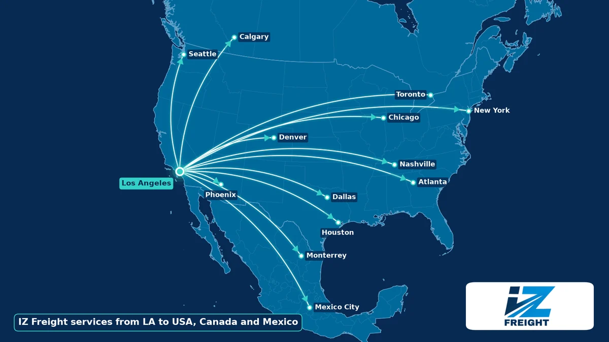 IZ Freight Services Coverage Map Map of IZ Freight routes from Los Angeles to Seattle, Phoenix, Denver, Dallas, Houston, Chicago, Nashville, Atlanta, New York, Calgary, Toronto, Monterrey and Mexico City