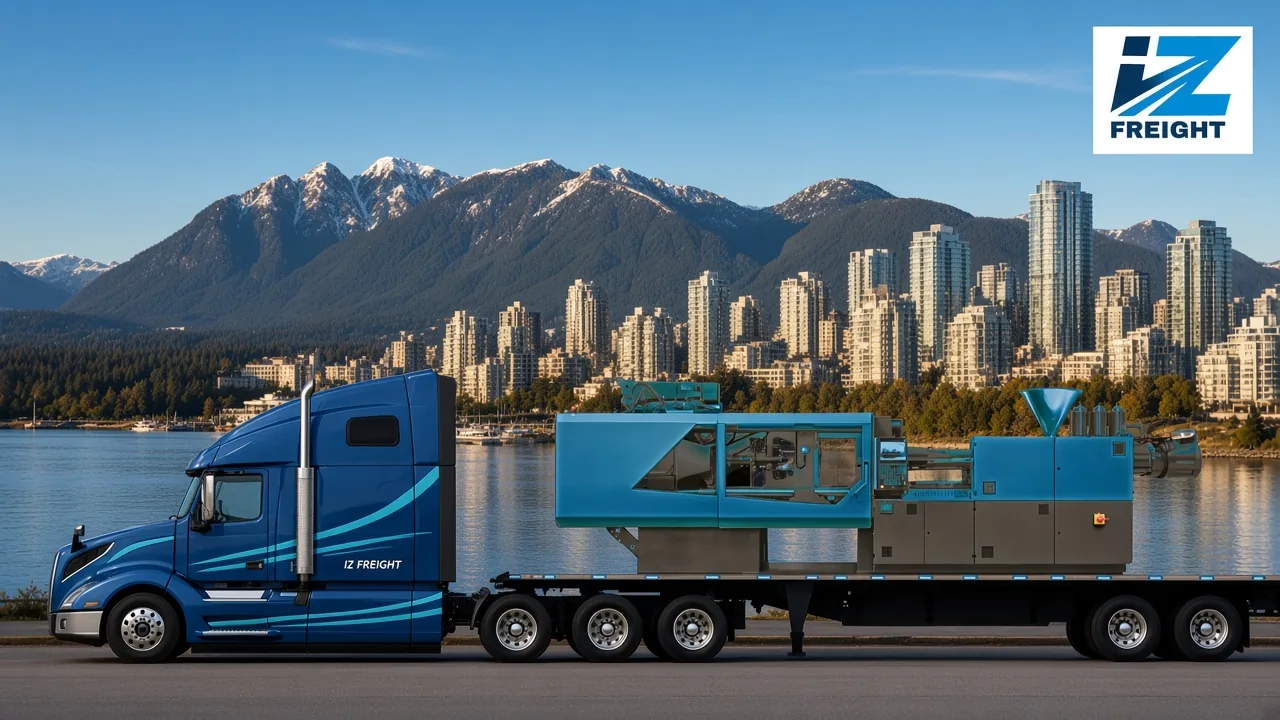 IZ-branded semi truck pulling a flatbed with an injection molding machine, Vancouver skyline and North Shore mountains, British Columbia