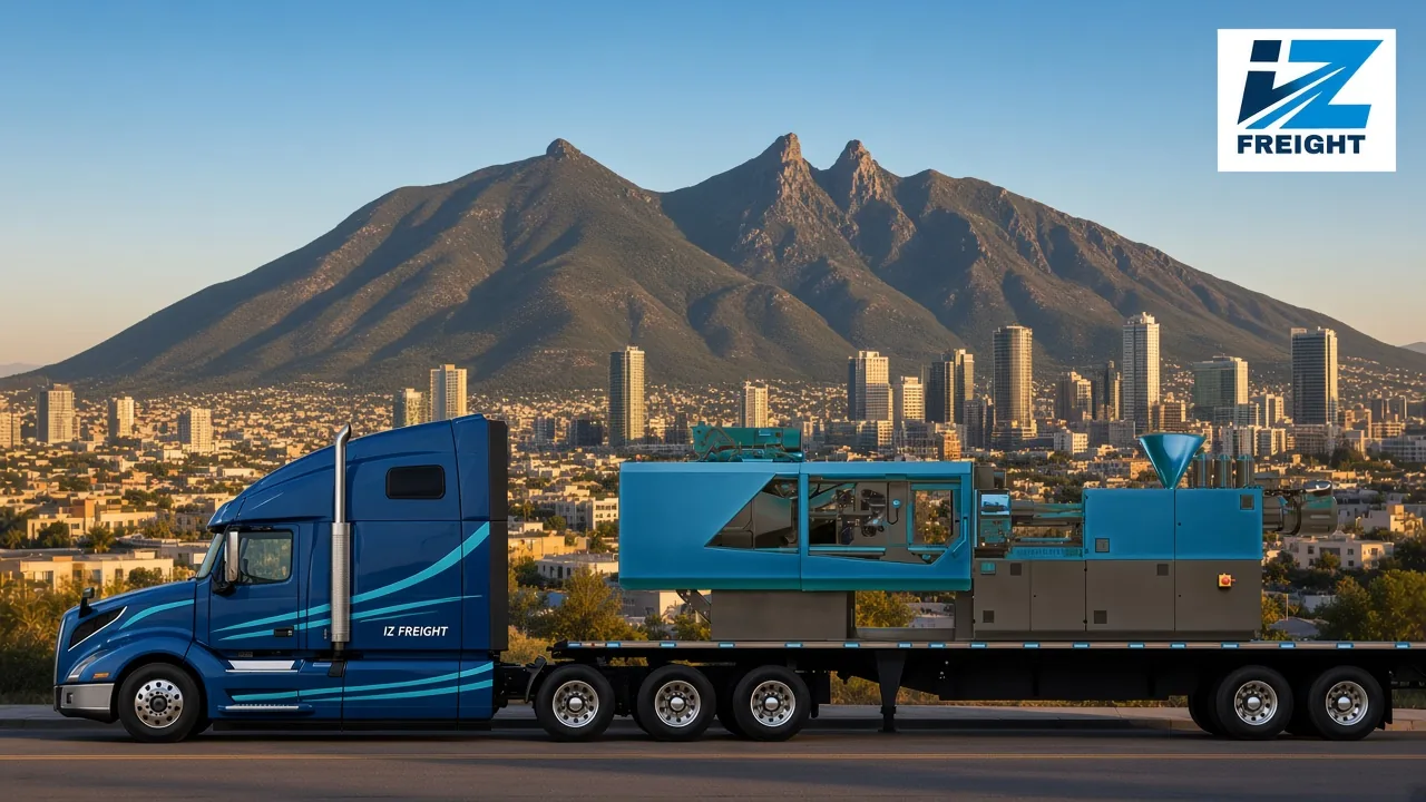 IZ-branded semi truck pulling a flatbed with an injection molding machine, Cerro de la Silla and Monterrey, Mexico