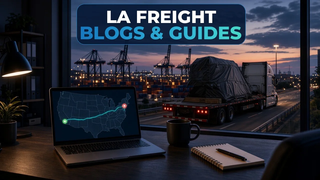 Illustration of a white semi pulling a flatbed with a tarped load past Los Angeles port cranes at dusk, with a laptop showing a Los Angeles to Pennsylvania freight lane