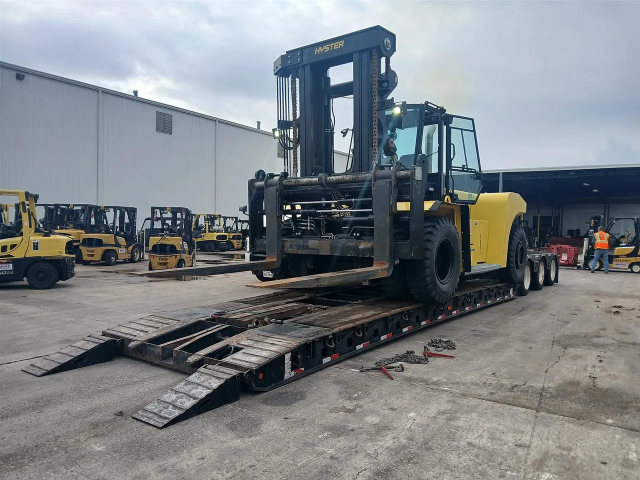 Large Forklift on an RGN Large forklift on a removable gooseneck trailer