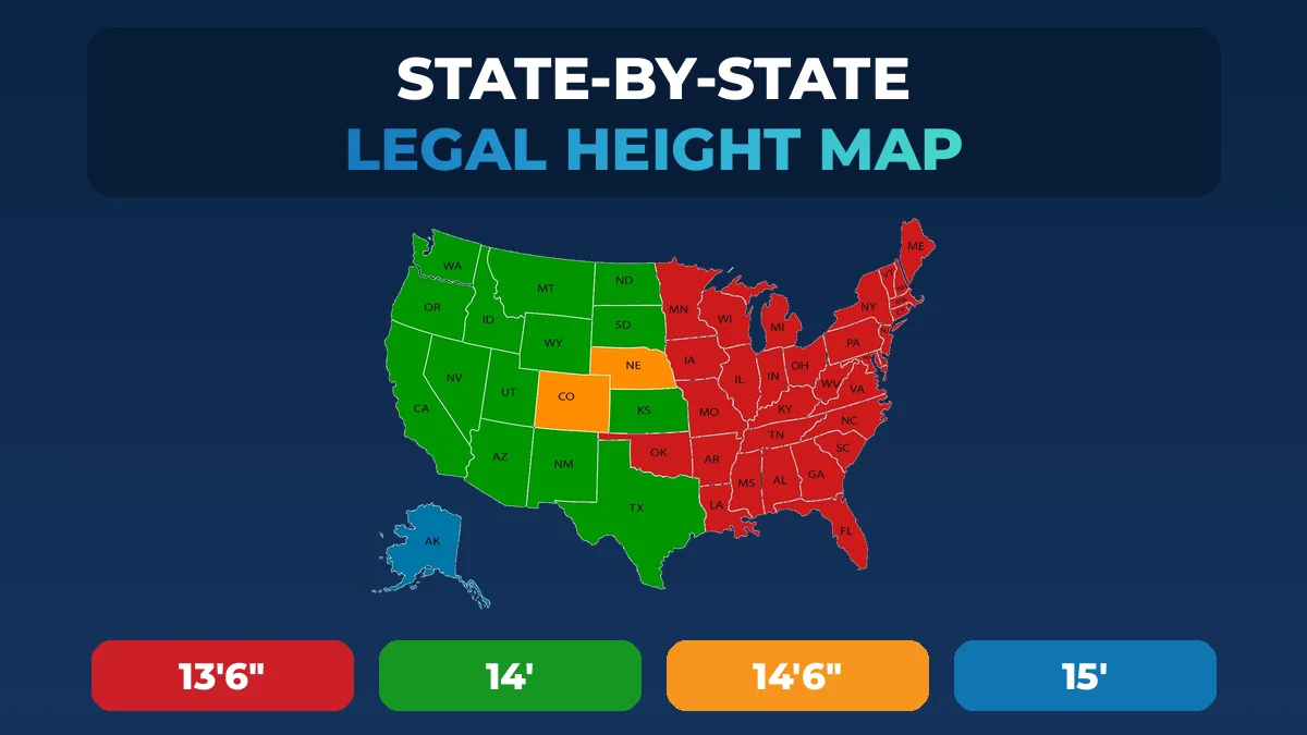 Illustrated US map of legal truck height limits by state