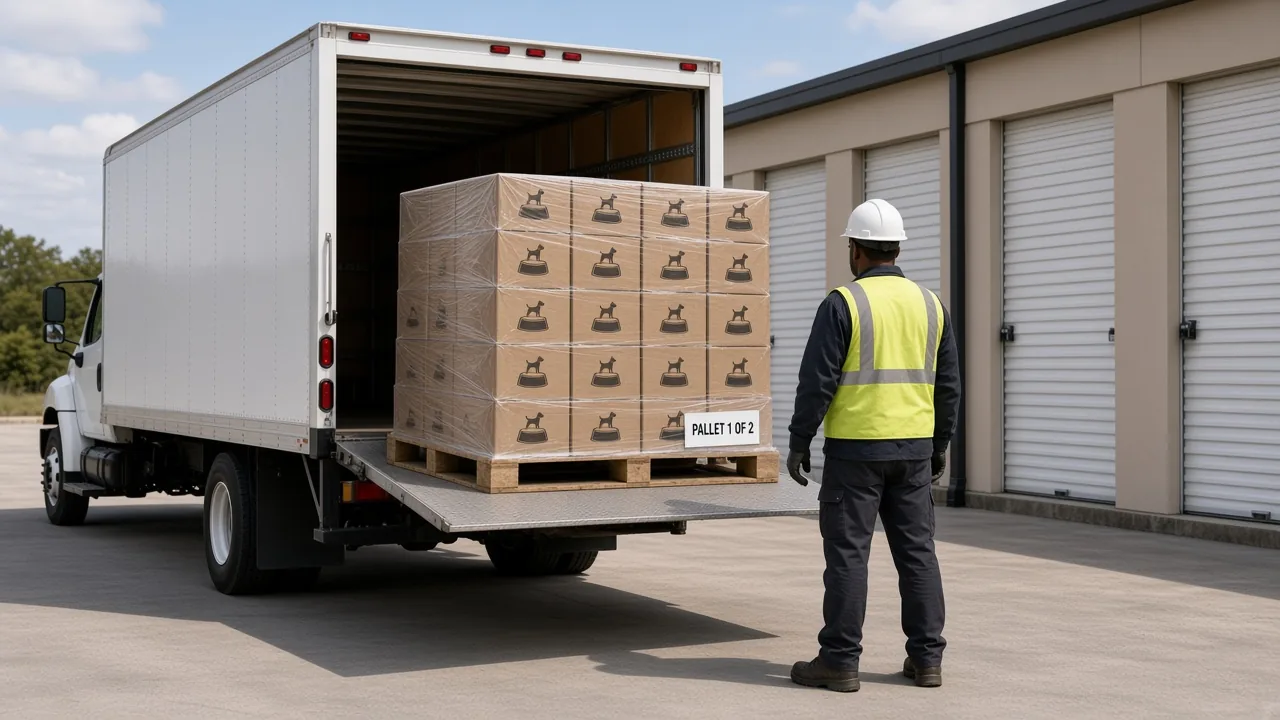 White box truck with rear liftgate lowered holding a shrink-wrapped pallet at a storage facility