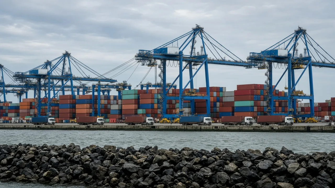 Container terminal at the Port of Long Beach with blue ship to shore cranes and drayage trucks on the quay