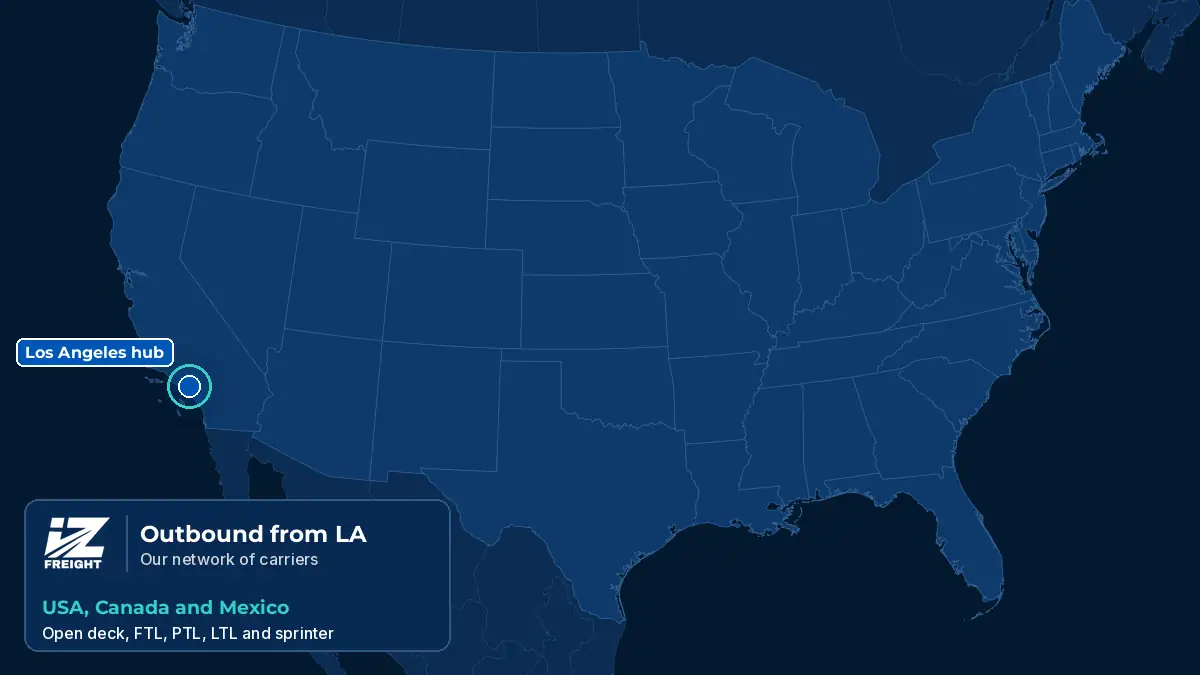 Los Angeles Freight Lanes Map USA Canada Mexico Animated map of IZ Freight outbound lanes from a Los Angeles hub to Seattle, Bend OR, Reno, Boise, Salt Lake City, Denver, Minneapolis, Milwaukee, Chicago, Kansas City, Columbus, Toronto, Reading PA, Nashville, Charlotte, Atlanta, Orlando, Phoenix, Dallas, Houston, Tijuana and Monterrey