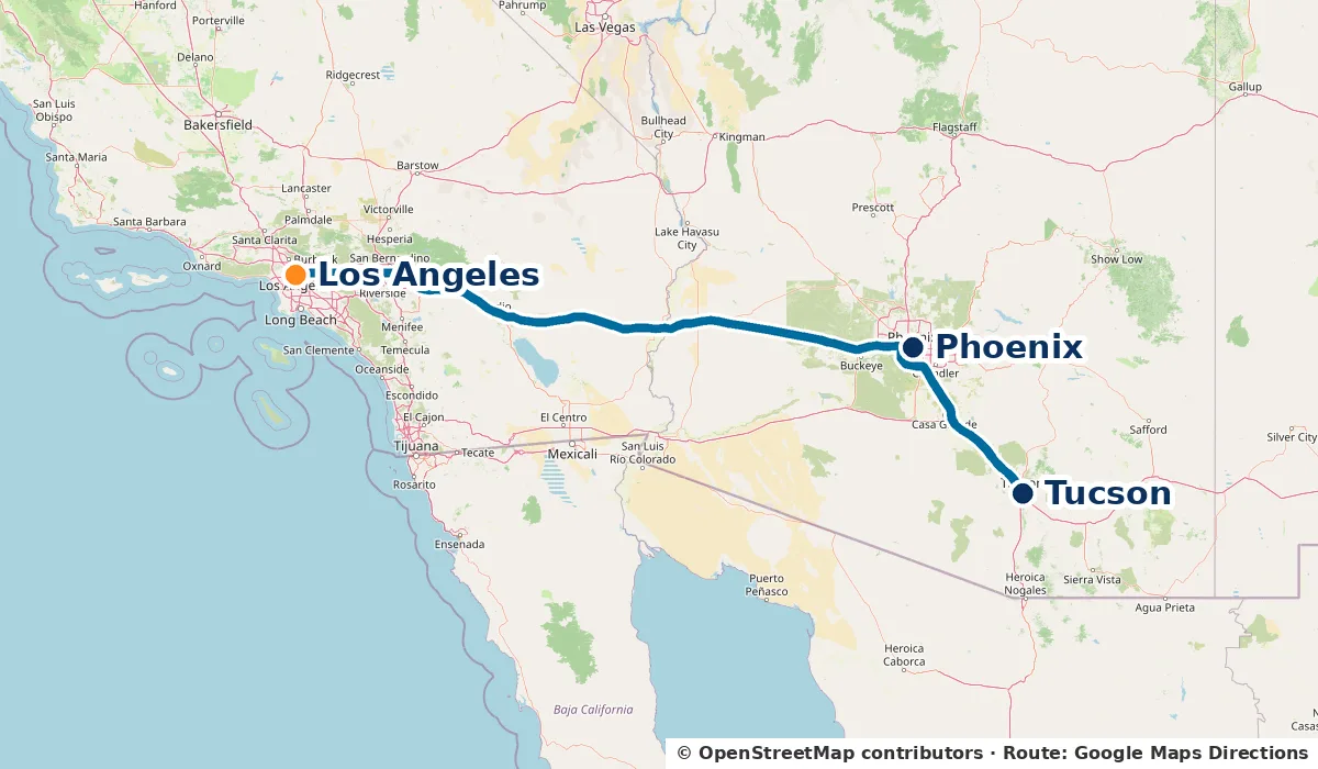 Lane map of the I-10 route from Los Angeles to Phoenix and Tucson, Arizona