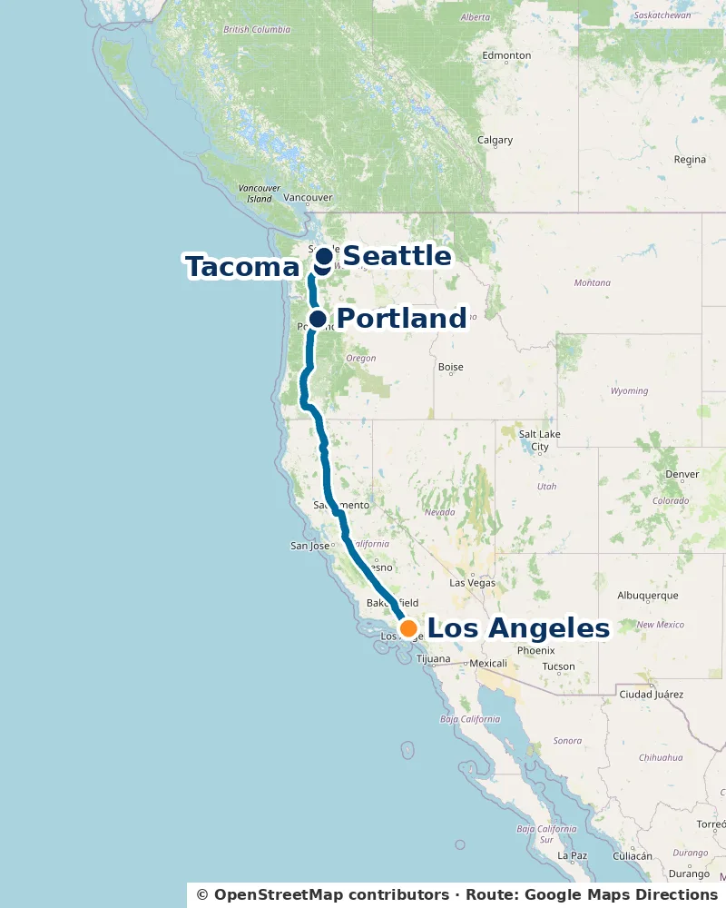 Lane map of the I-5 route from Los Angeles through Portland to Tacoma and Seattle, Washington