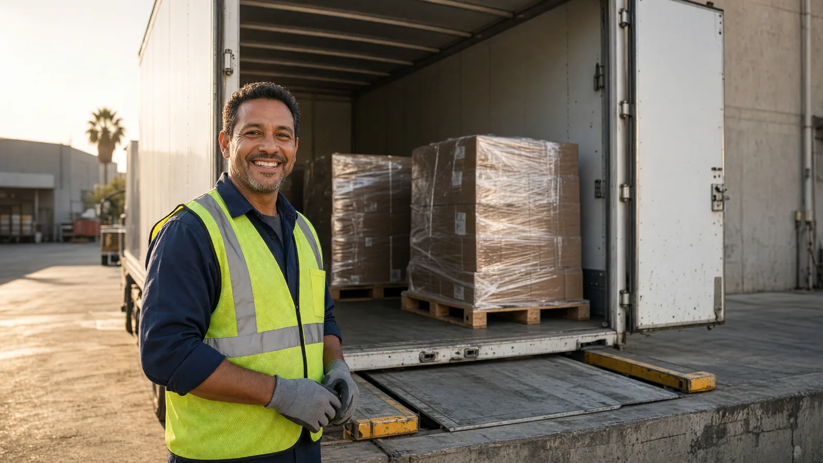 Friendly dock worker beside an open white dry van at a Los Angeles loading dock