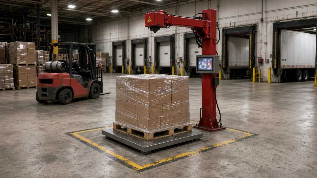 Shrink-wrapped pallet on a floor scale under a red overhead dimensioning arm at a freight terminal, forklift nearby