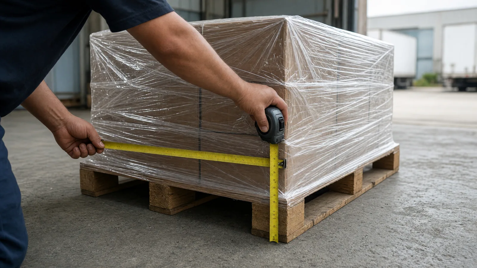 Measuring the length and height of a shrink wrapped pallet with a tape measure