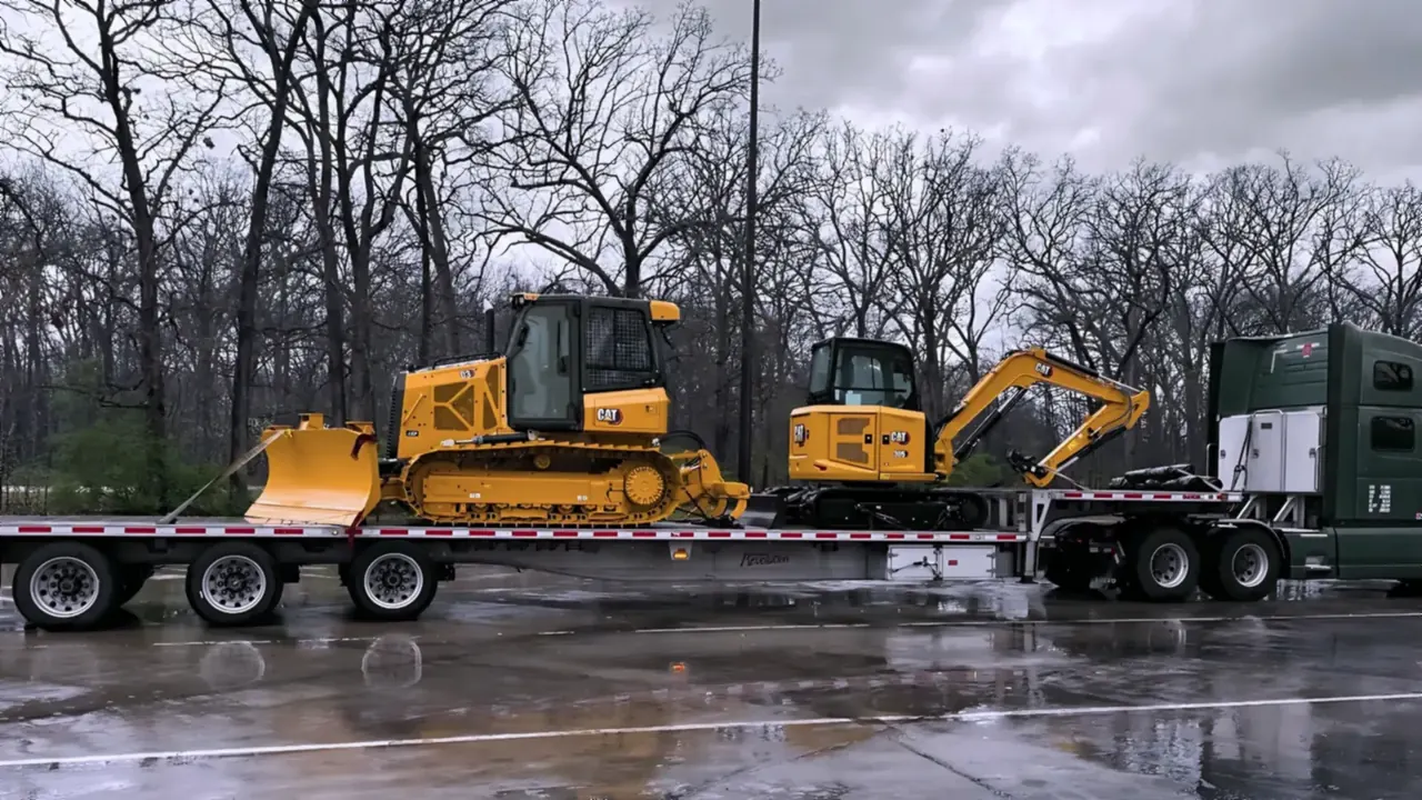 Yellow dozer and compact excavator chained down on a lowboy trailer for mining equipment transport