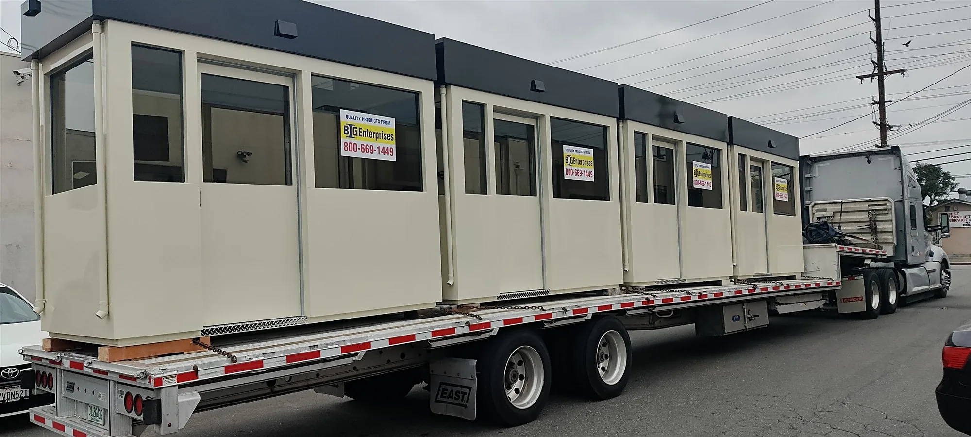 Modular Office on a Flatbed Long modular office building on a flatbed
