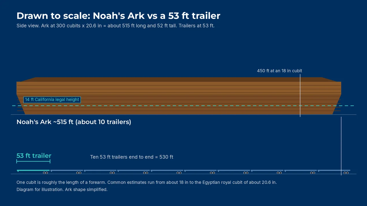 Side-view scale diagram: a 53 ft trailer next to Noah's Ark at about 515 ft, roughly ten trailers end to end